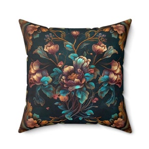 Dark Vintage Floral Pillow, Botanical Throw Pillow, French Damask Pillow, Dark Teal Throw Pillow Cover with Insert, Victorian Pillow
