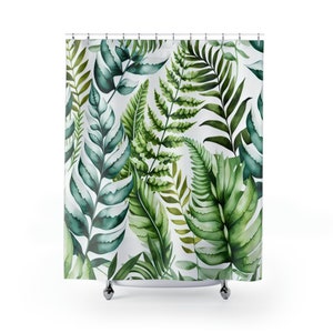 Fern Shower Curtain - Tropical Watercolor Leaf and Ferns Botanical Shower Curtain Boho Bathroom Decor