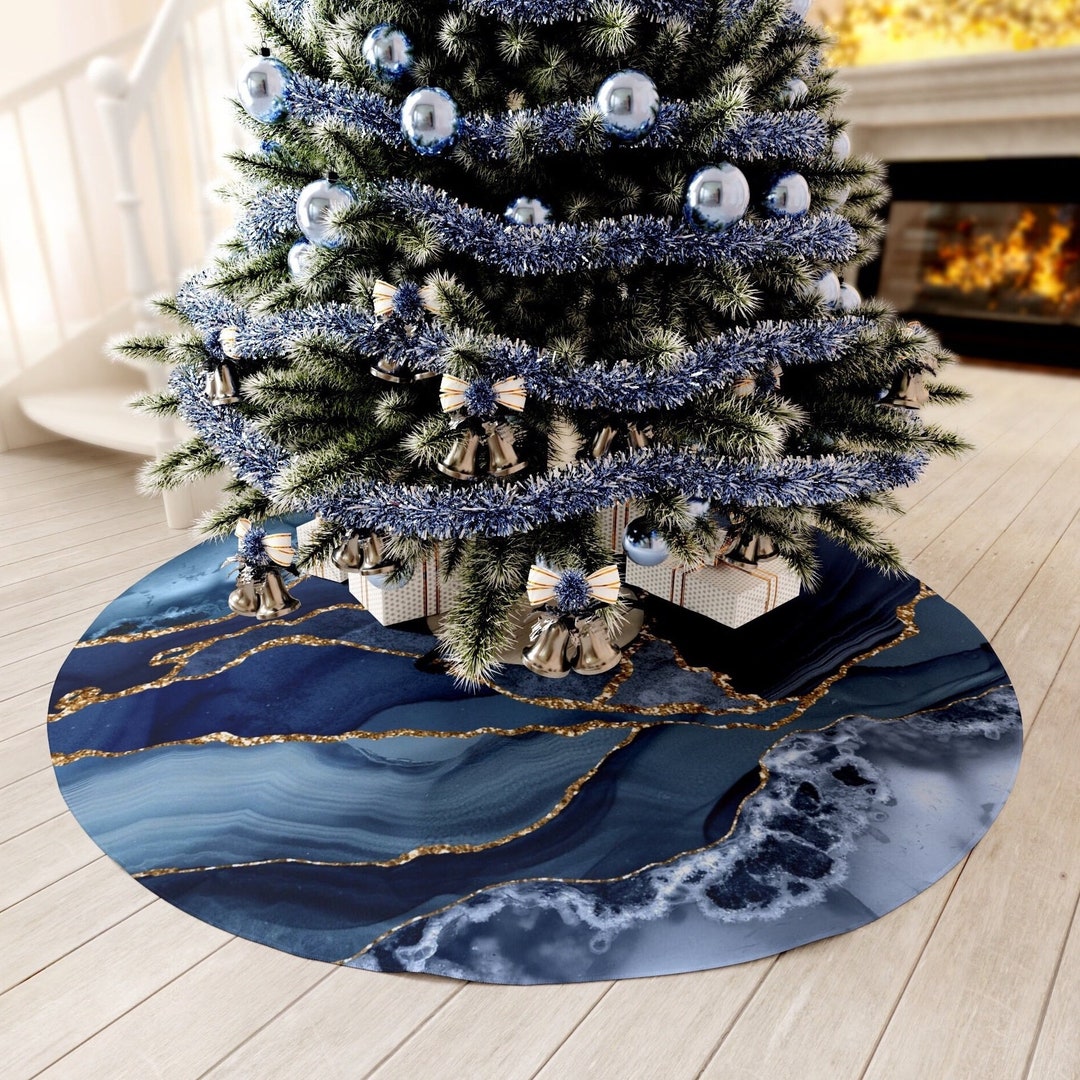Blue Geode Tree Skirt Navy Blue and Gold Christmas Tree Skirt Boho