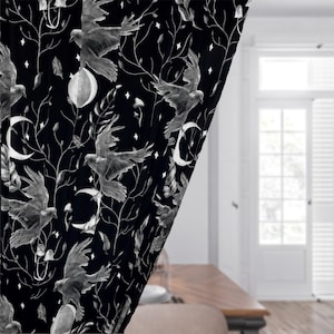Gothic Blackout Curtain - Black Raven Curtains Moon Forest Celestial Window Curtains Dark Witchy Home Decor 84 inch