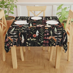 Dark Wildflower Tablecloth - Black Nature Botanical Tablecloth Small Square Spring Floral Table Decoration Kitchen Table Cloth