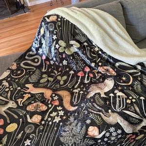 Dark Woodland Animal Blanket - Soft Minky Black Throw Blanket, Mushroom Forest Blanket For Kids Adults