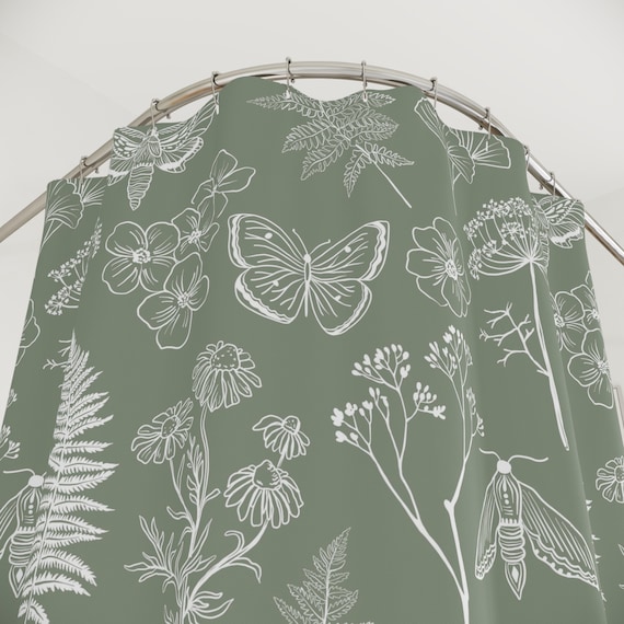 Sage Green Shower Curtain Boho Botanical Bathroom Decor, Forest