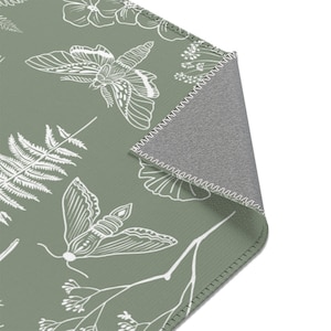 Sage Green Rug For Living Room - Botanical Nature Sage Green Area Rug, Butterfly Moth Rug, Fern Grass Home Decor Floral Rug