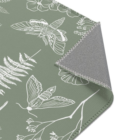 Sage Green Rug For Living Room - Botanical Nature Sage Green Area Rug, Butterfly Moth Rug, Fern Grass Home Decor Floral Rug