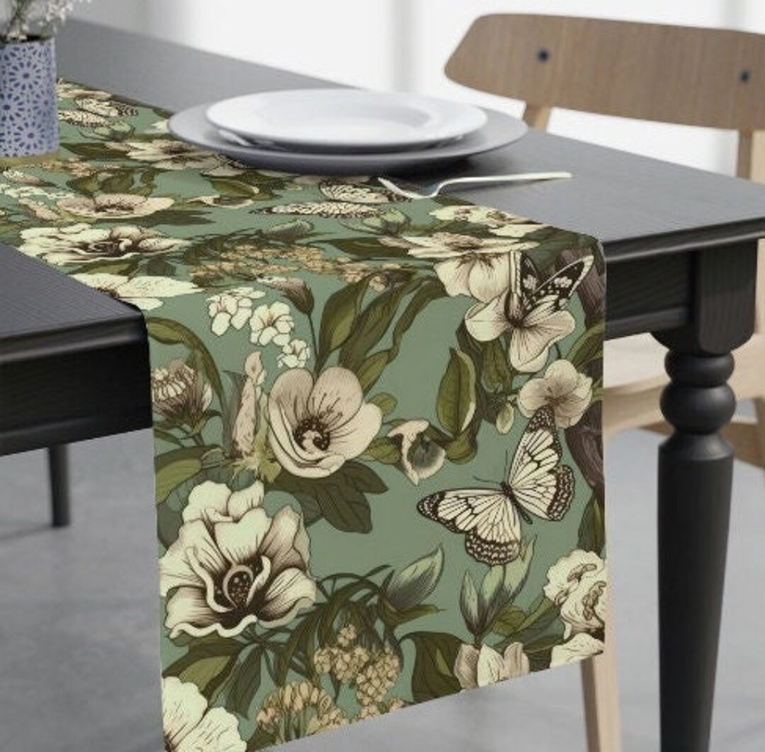 Cottagecore Table Runner Boho, Vintage Floral, Butterflies, Sage Green ...