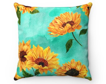 Sunflower Throw Pillow - Teal Blue Pillow, Eclectic Pillow, Bohemian Living Room Decor Flower Pillow