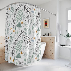 Modern Botanical Shower Curtain - Contemporary Forest Bathroom Decor, Boho Mushroom, Tree Branch Shower Curtain