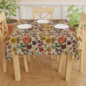 Thanksgiving Harvest Tablecloth - Retro Floral Vintage Botanical Fall Tablecloth Apples Leaves Square Table Cloth
