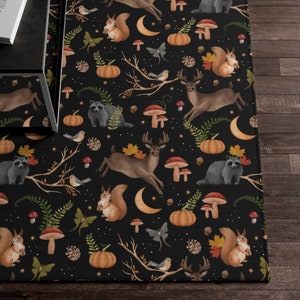 Fall Area Rug For Nursery - Woodland Animals Rug Dark Cottagecore Autumn Moon Mushroom Forest Rug Pumpkin Thanksgiving Area Rug