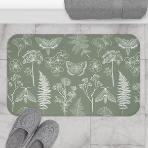 Boho Sage Green Bath Mat - Forest Bathroom Decor, Moth Bath Mat, Palm Grass Bathmat