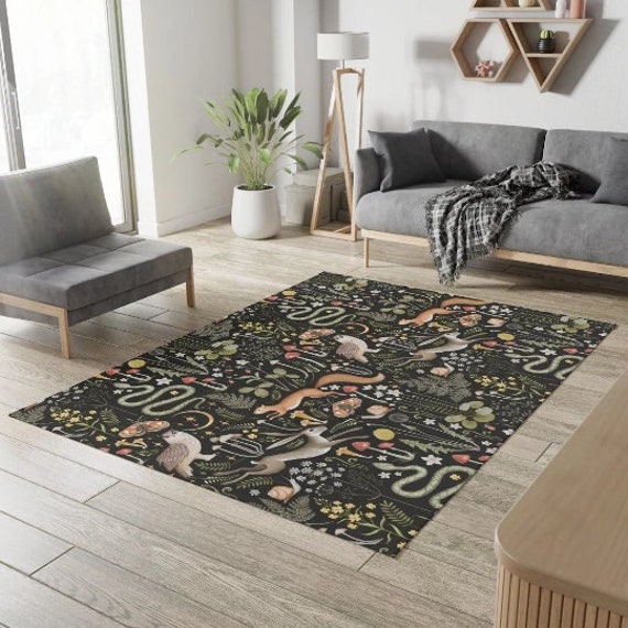 Woodland Animal Area Rug Dark Forest Living Room Decor, Woodland