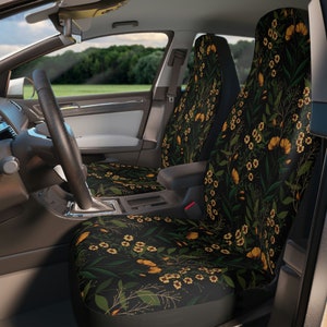 Dark Botanical Car Set Covers - Black Vintage Botanical Car Decor Accessories Dark Floral Car Seat Covers Set of 2