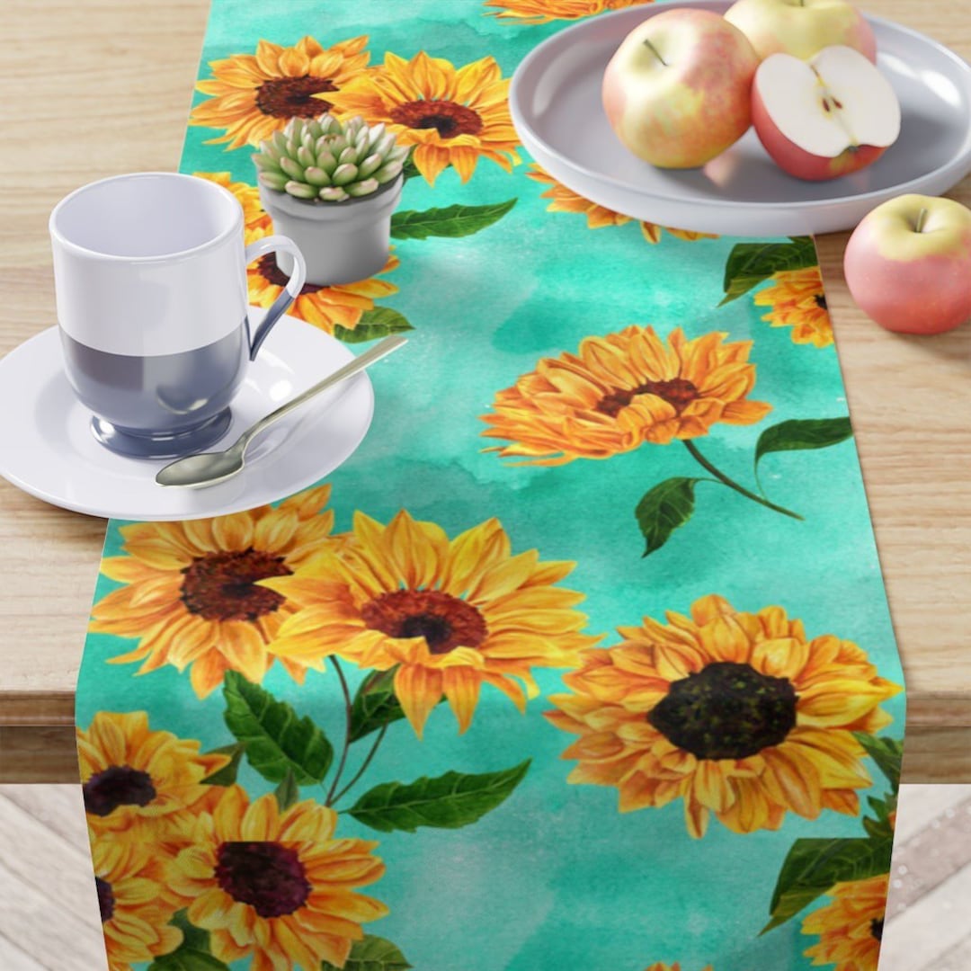 Turquoise Boho Sunflower Table Runner Vintage Flower Teal Hippie Table