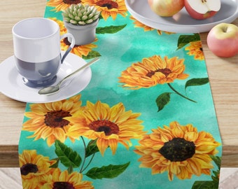 Turquoise Boho Sunflower Table Runner - Vintage Flower Teal Hippie Table Runner