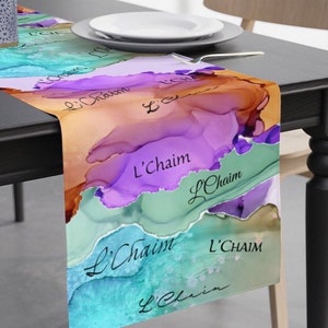 Judaica Table Runner - Lchaim Art, Jewish Table Runner, Jewish Gift for the Home, Jewish Wedding, Table Decor, Colorful, Hebrew Home Decor
