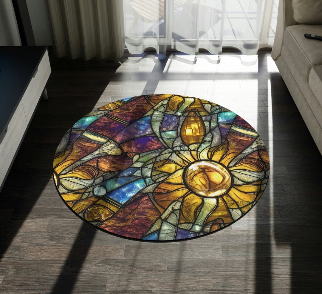 Sun Rug Round - Mosaic Sun Stained Glass Art Round Area Rug Colorful ...