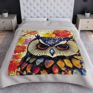 Fall Owl Throw Blanket - Owl Gifts, Woodland Owl Blanket Autumn Gift For Women, Velvet Throw Blanket for Her Owl Art