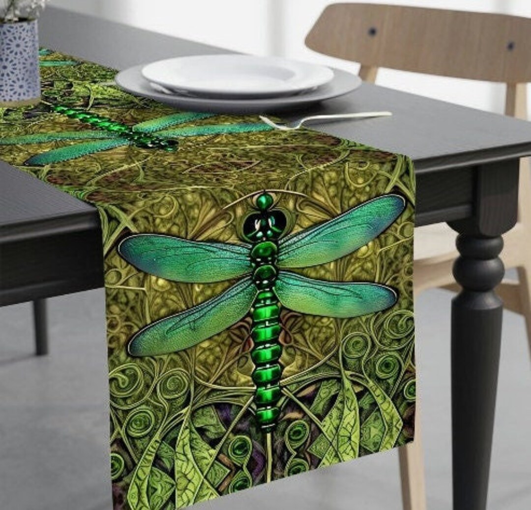Dragonfly Table Runner Dark Green Enchanted Forest Vine William Morris Inspired Art Nouveau