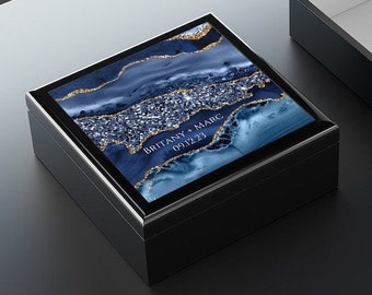 Sapphire Blue Art Memory Box Wooden -  Geode Custom Anniversary Date Keepsake Box 45th Wedding Anniversary Gift