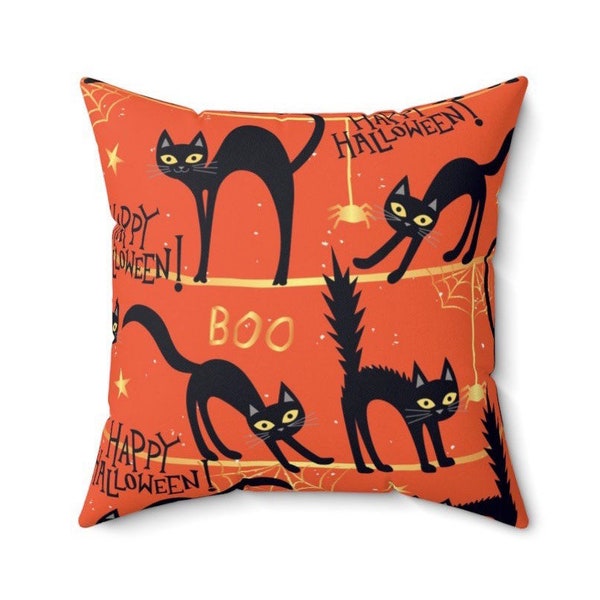 Halloween Throw Pillow - Orange and Black Cat Pillow, Mid Century Modern Halloween, Retro Cat, Halloween Pillow, Boo, Happy Halloween Decor
