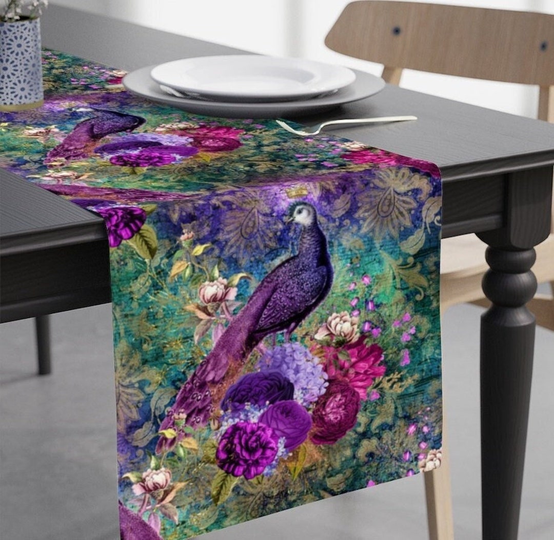 Peacock Table Runner Eclectic Table Runner, Peacock Wedding Table Decor