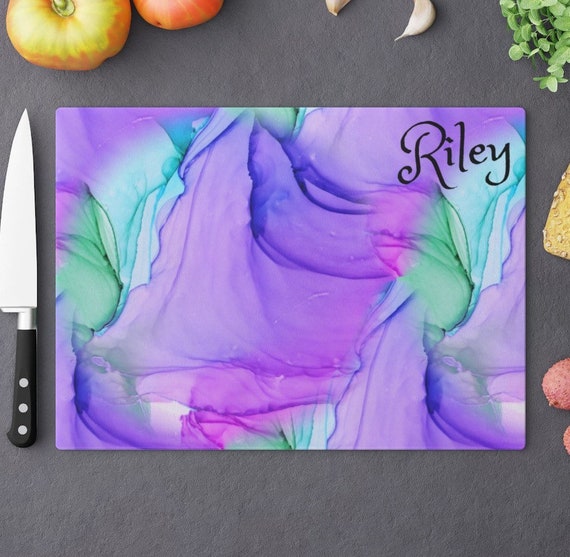 Abstract Purple Glass Cutting Board Custom, Alcohol Ink, Marble