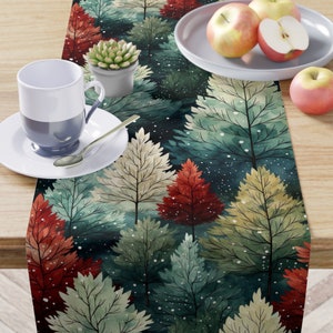 Winter Pine Tree Table Runner, Forest Table Runner Evergreen Tree Snowy Boho Holiday Table Runners