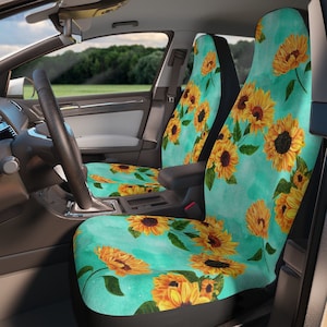 Sunflower Car Seat Covers - Teal Yellow Flower Car Seat Covers Boho Sunflower Car Decor