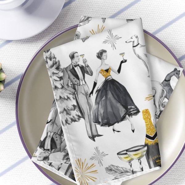 Vintage Holiday Cloth Napkins - Retro Champagne Napkins, New Year Table Decor