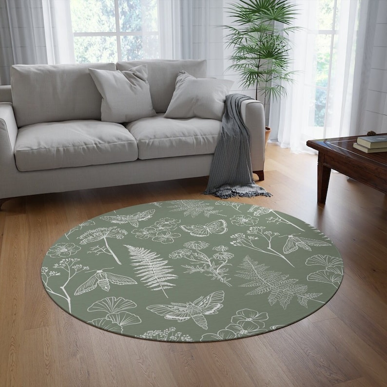 Sage Green Round Area Rug Neutral Botanical Bedroom Rug Etsy