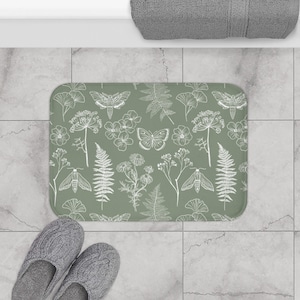 Boho Sage Green Bath Mat - Forest Bathroom Decor, Moth Bath Mat, Palm ...