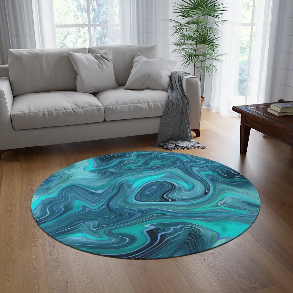 Teal Blue Round Rug Marble Area Rug Round Geode Eclectic Rug Etsy