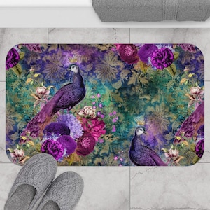 Peacock Bath Mat - Exotic Animal Bath Mat, Peacock Bathroom, Eclectic Vintage Flower Bathroom Rug, Maximalist Decor