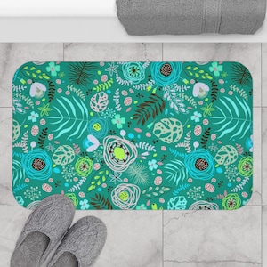 Floral Teal Bath Mat - Botanical Bath Mat Turquoise Blue Bathroom Decor