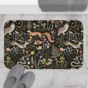 Woodland Animal Bath Mat - Mushroom Forest Bath Mat, Kids Bathroom Decor