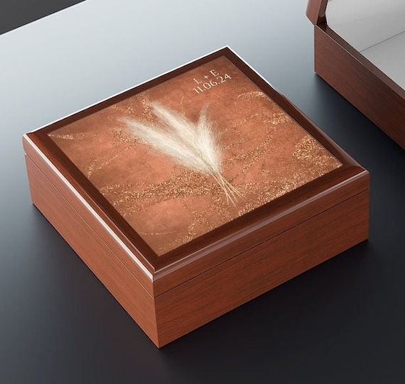 Rustic Wooden Jewelry Box Personalized Feather Copper Art Jewelry