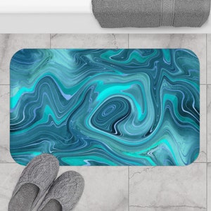 Geode Teal Bath Mat - Abstract Blue Kitchen Mat Ocean Bathroom Decor Marble Teal Bathroom Rug