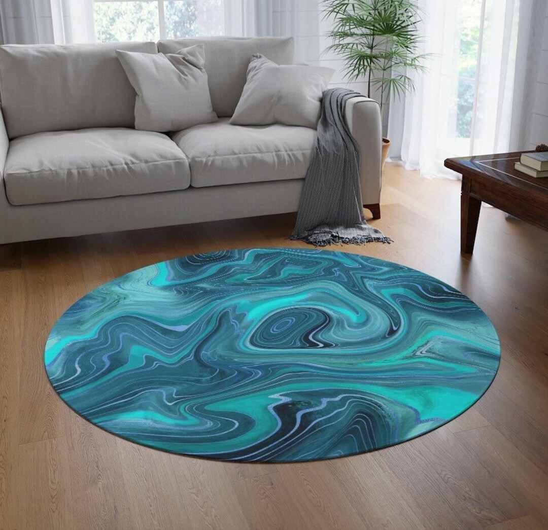 Teal Blue Round Rug Marble Area Rug Round Geode Eclectic Rug Etsy