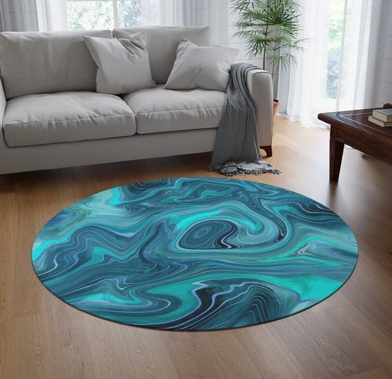Teal Blue Round Rug Marble Area Rug Round Geode Eclectic Rug 