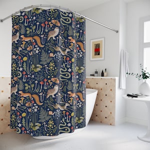 Woodland Animal Shower Curtain - Boho Dark Blue Enchanted Forest Shower Curtains Cottagecore Mushroom Shower Curtain