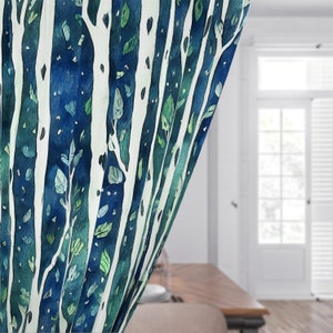 Blackout Forest Tree Curtain Green Leaves Dark Blue Birch Tree Branch Bay Window Curtains Balcony Curtains 84 inch