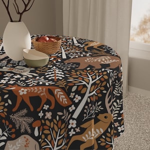 Fall Scandinavian Forest Tablecloth - Dark Brown Square Animal Woodland Trees Table Decor Tablecloth