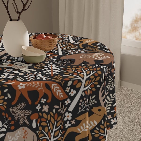 Fall Scandinavian Forest Tablecloth - Dark Brown Square Animal Woodland Trees Table Decor Tablecloth