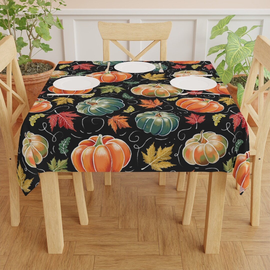 Thanksgiving Pumpkin Maple Leaves Round Fitted Tablecloth – Waterproof, Elastic Edge, 36-44in