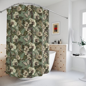 Vintage Botanical Shower Curtains - Boho Modern Dark Sage Green Floral Butterfly Shower Curtains Earth Tones Bathroom Decor