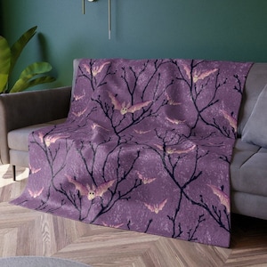 Purple Bat Throw Blanket - Tree branch Spooky Halloween Blanket