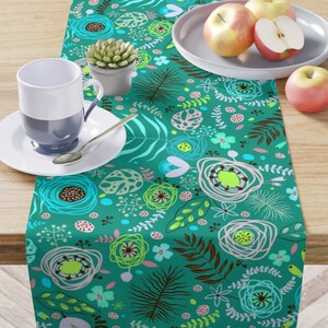 Spring Floral Teal Table Runner - Boho Blue Botanical Table Runner For Kitchen