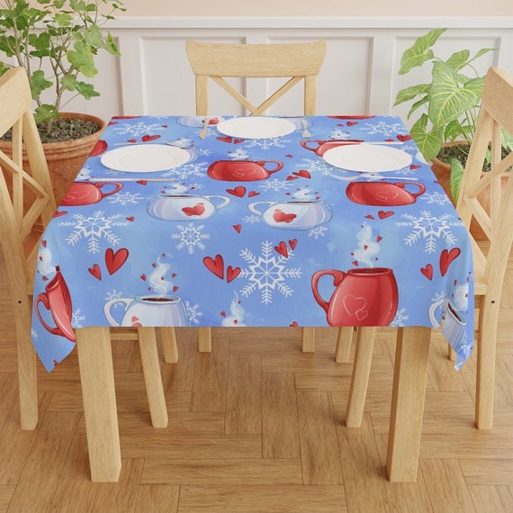 Hot Chocolate Tablecloth Cute Blue Christmas Tablecloth, Winter Snowflake  Table Decor, Coffee Lover Gift 