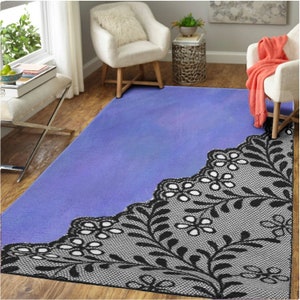 Dark Purple Periwinkle Rug Black - Maximalist Area Rug Fall Floral, Eclectic Area Rug, Witchy Purple Living Room Decor